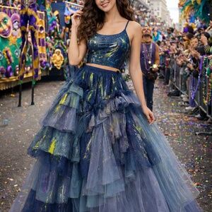 Denim Layered skirt w/ Splash Accents - Custom Painted B.A.D.